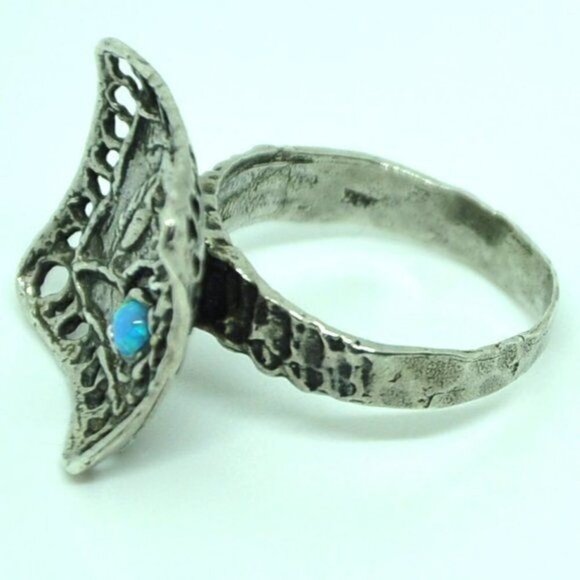 Artisan Sterling Silver Blue Opal Flower Ring – Hand Hammered, Size 7.5 - Picture 9 of 15